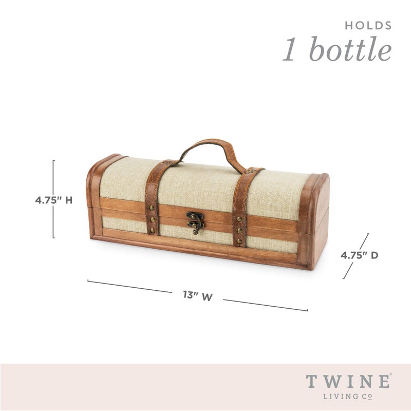 Twine Vintage Trunk Wine Bottle Gift Box, Wood Wine Box with Lid and Handle, Wood, Faux Leather, Brass, Cloth, Holds 1 Bottle - Image 3